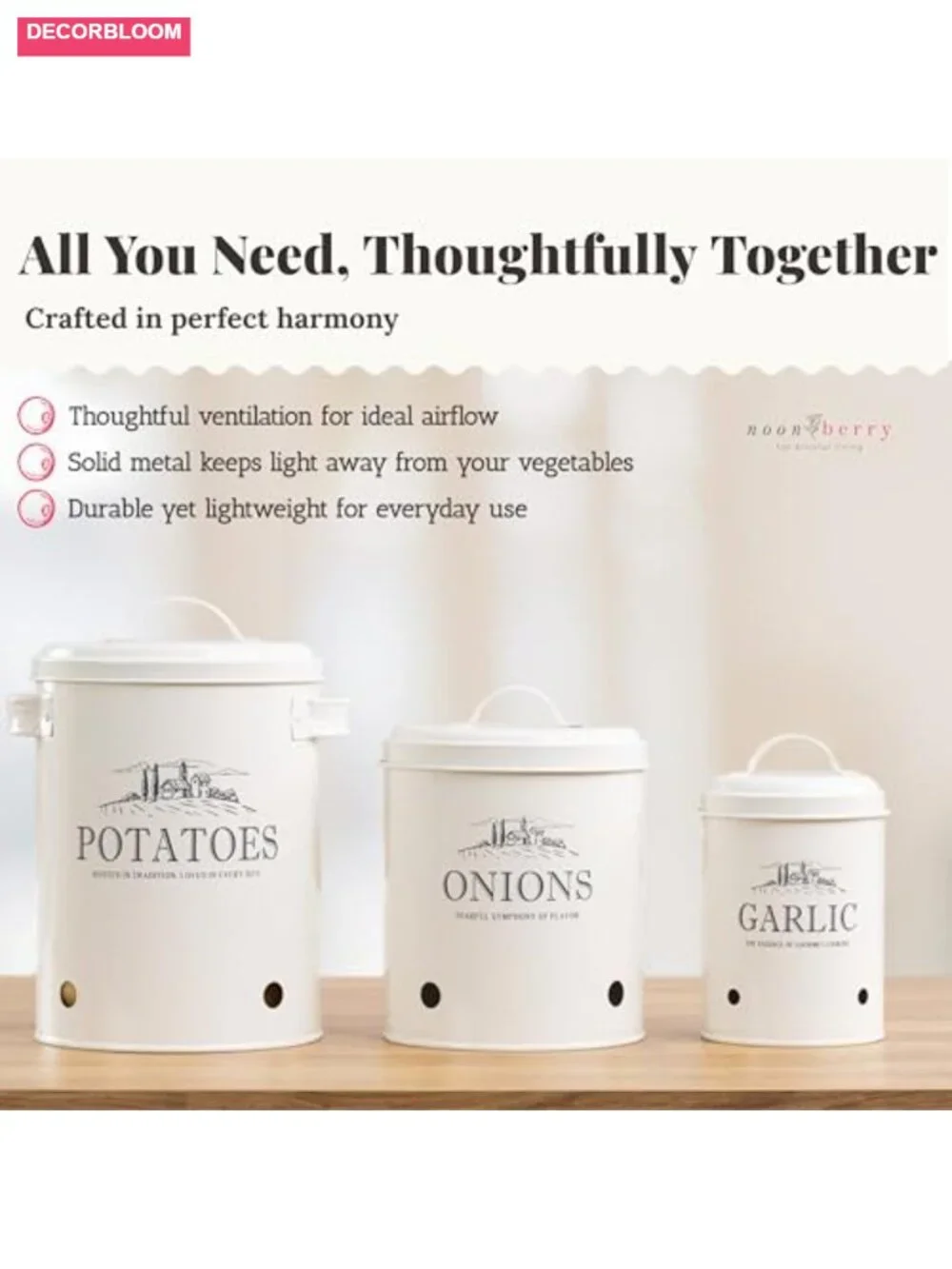 3-Piece Potato Onion Garlic Storage Bin Set with Lids for Kitchen Counter